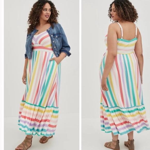 Torrid White&Multi Rainbow Stripe Supersoft Tiered Maxi Dress Sz.3 - Picture 4 of 14